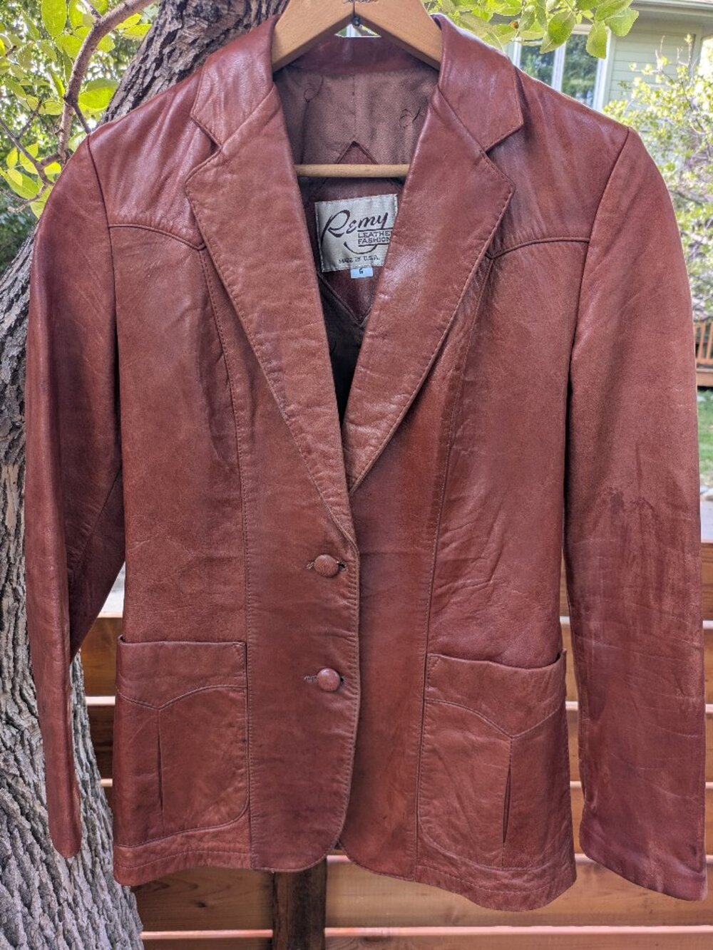 VTG 70s Remy Leather Fashions Western Blazer Jacket Cognac Brown XS US Made.